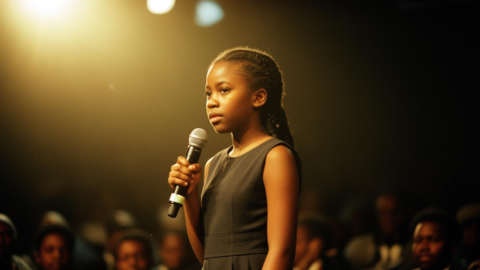 Young dignified South African girl on stage holding a microphone — leadership moment