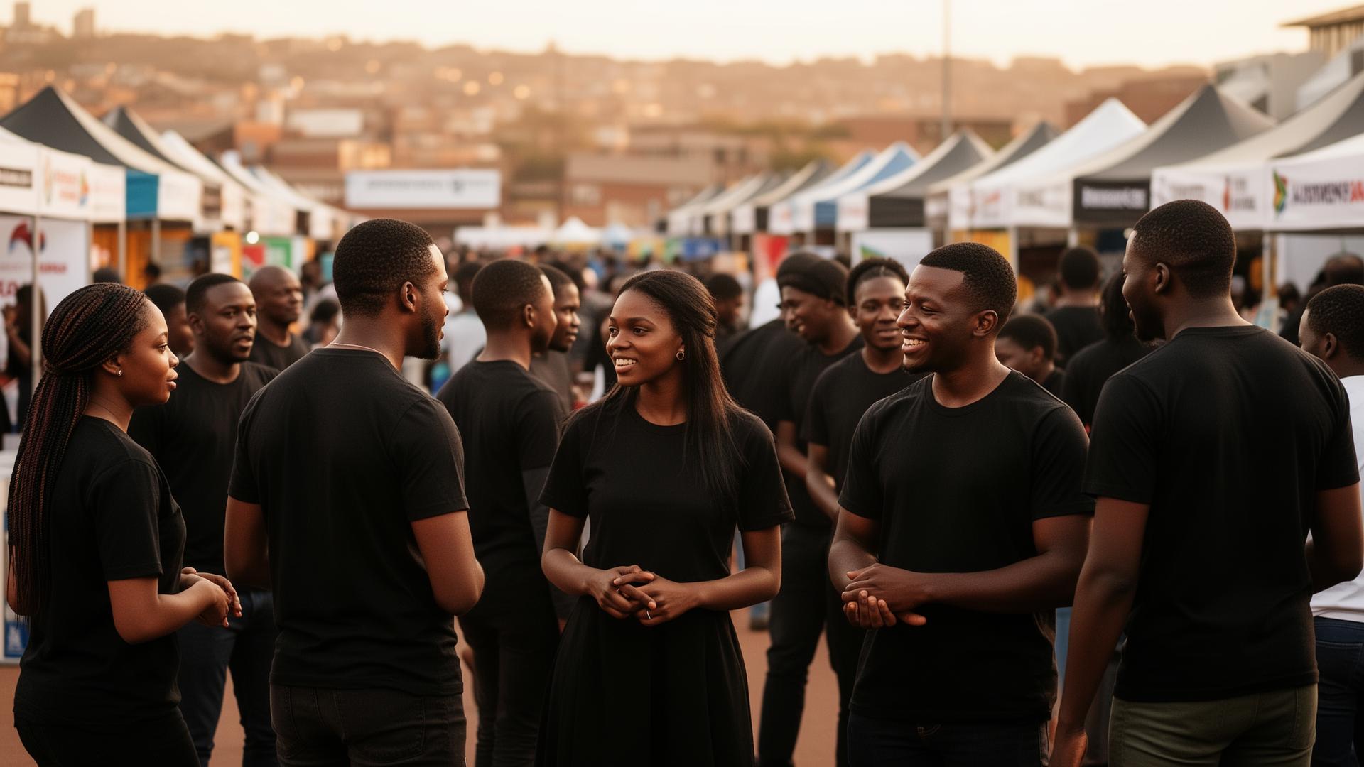 Crowd of PMF Youth Expo attendees in branded black tees at golden hour
