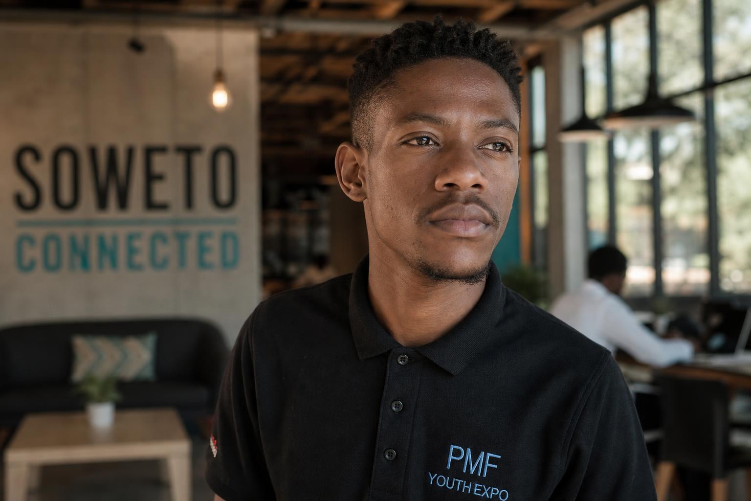 Young man in PMF Youth Expo polo at Soweto Connected co-work space