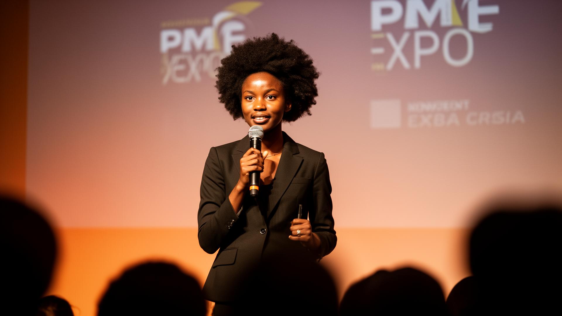 Young woman speaker holding a microphone on the PMF Expo stage