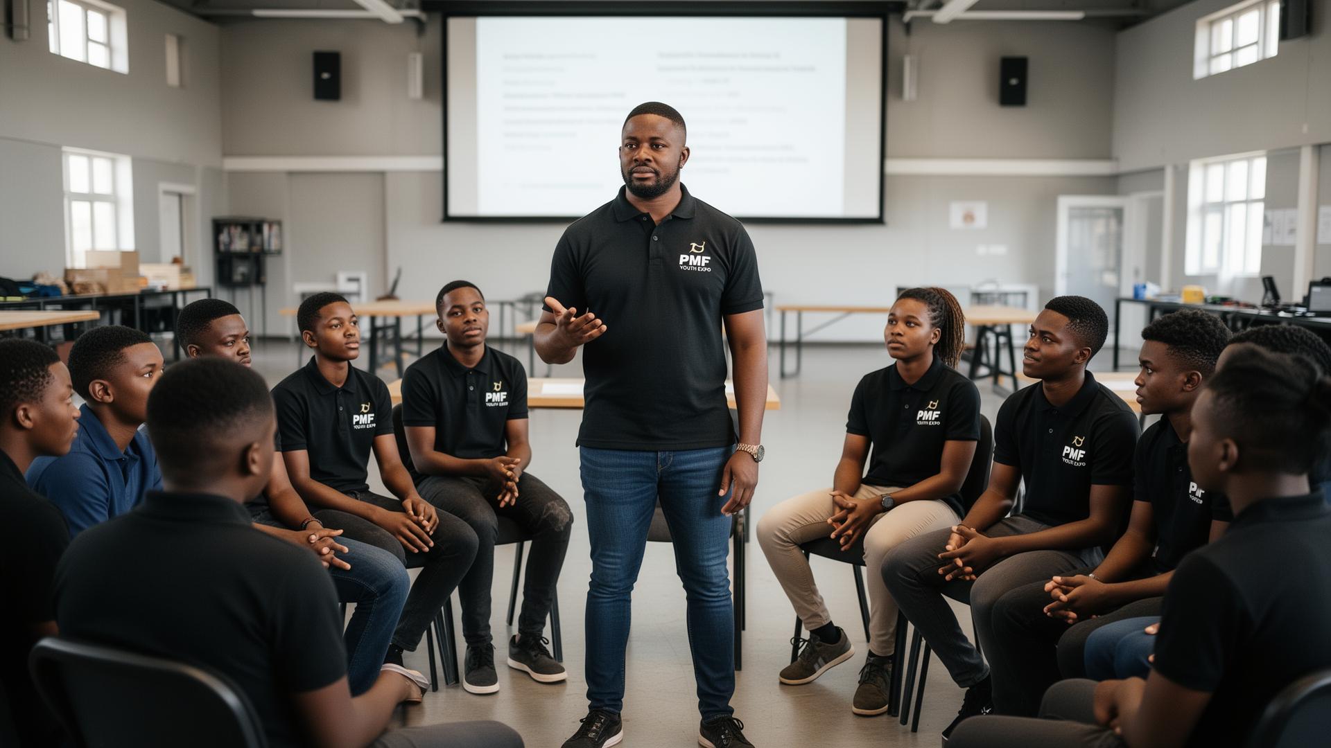 PMF mentor leading a youth workshop circle in branded polo
